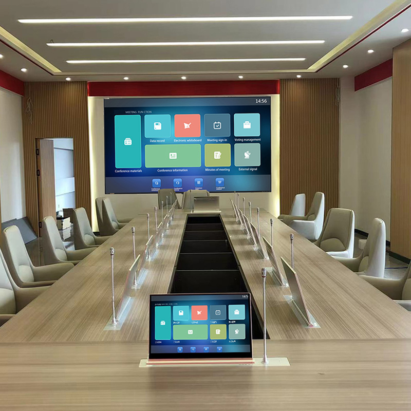 Système de conférence sans papier avec moniteur rabattable de bureau caché